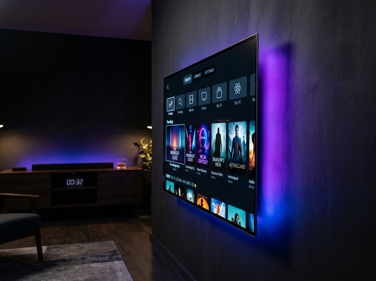 IPTV Smarters Pro on OLED TV with purple ambient lighting