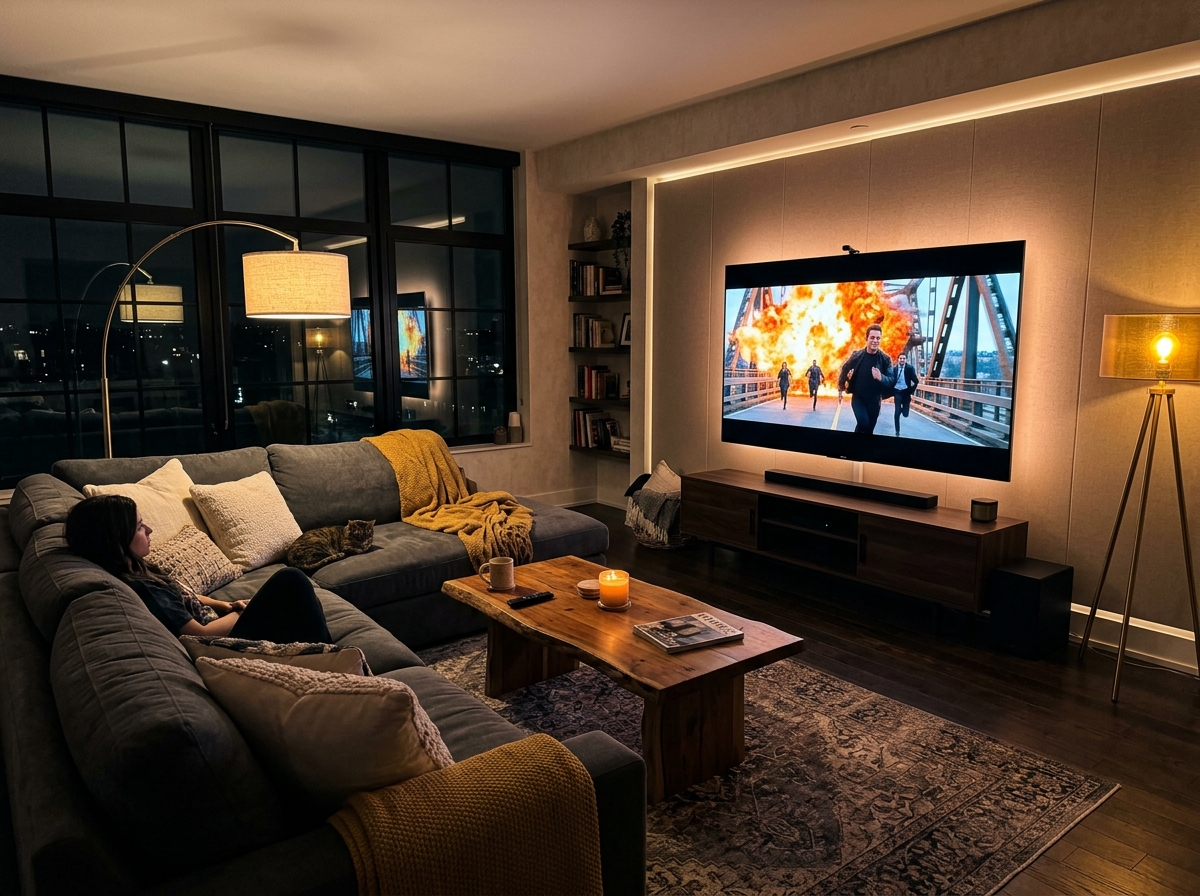 Cozy modern living room streaming 4K movie on wall mounted TV