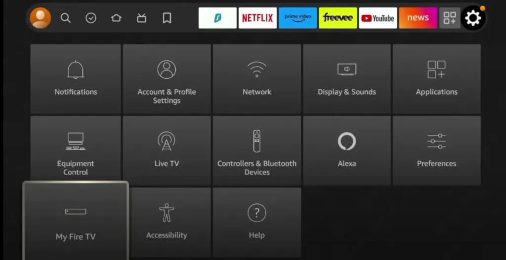 Fire TV Settings Grid with My Fire TV Selected
