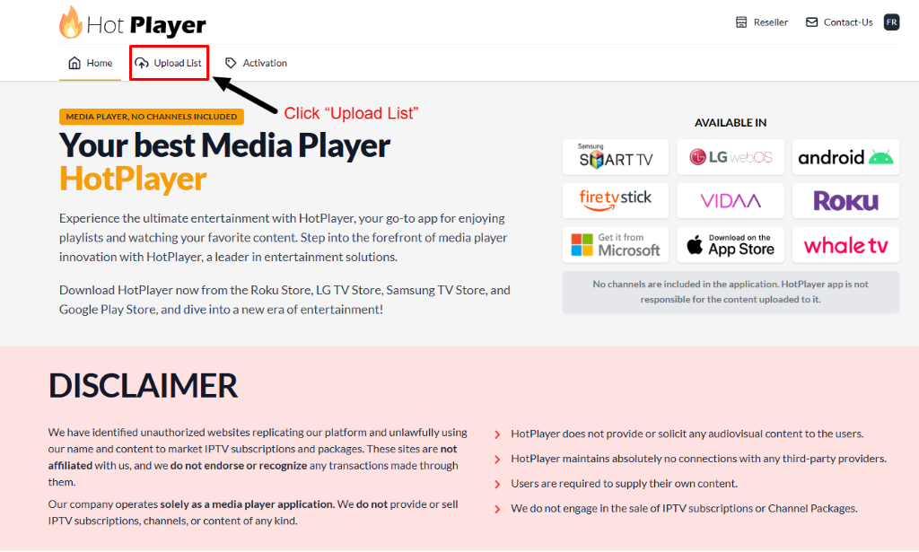 Open hotplayer.app and click Upload List